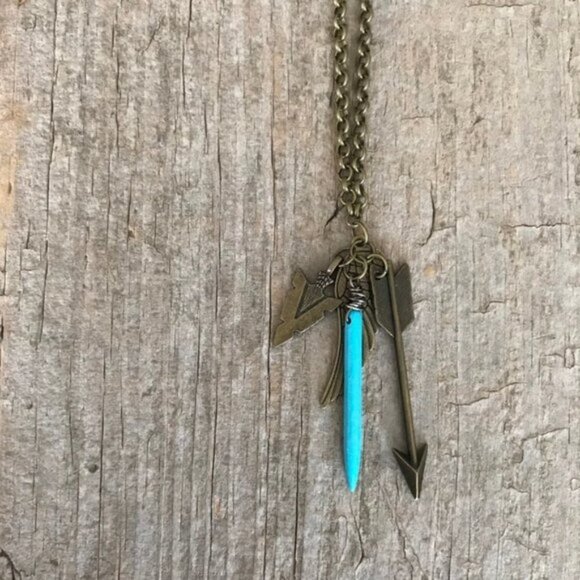 Turquoise Spike Antique Brass Charm Necklace - 24 Inch Chain - Picture 4 of 5